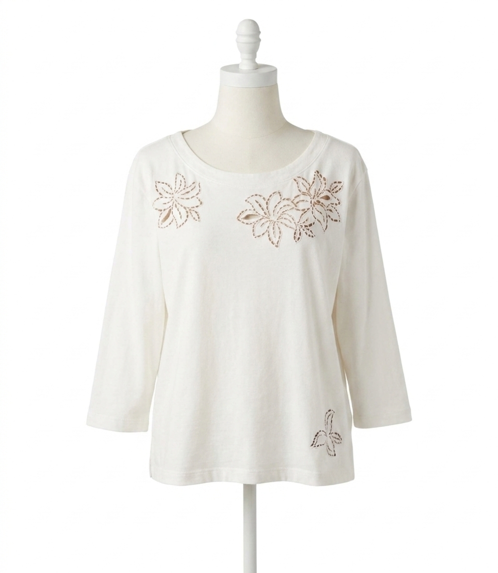 NEW KAREN KANE 3/4 sleeve embroidered cut-out boatneck top in off white
